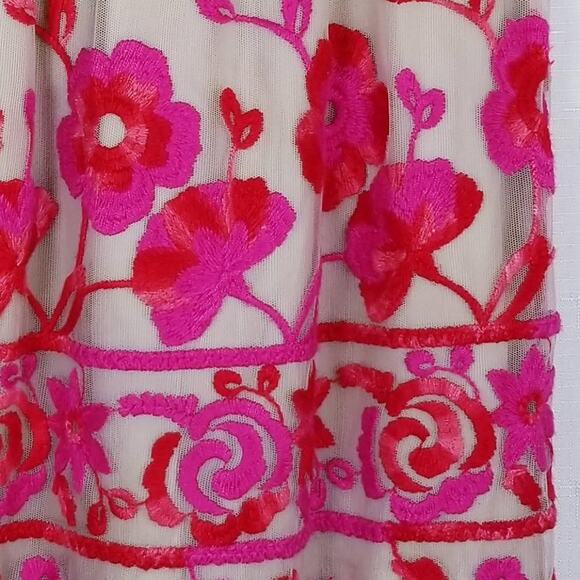 Monoplaza Pink Red Floral Embroidered Mesh Overlay Floral A-line Skirt  - Size S - Picture 2 of 6